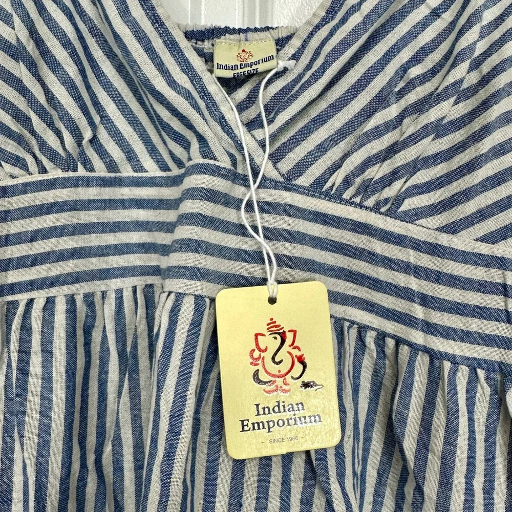 Indian Emporium Blue White Striped V Neck Camisole Dress Sundress‎ Beach